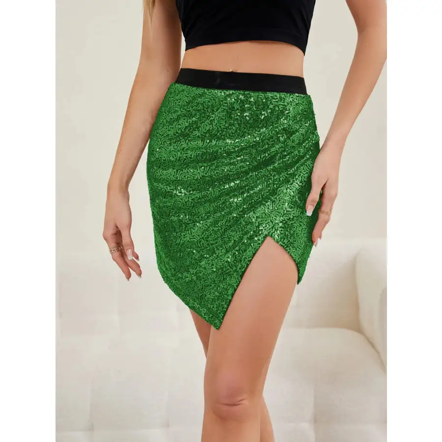 Asymmetrical Slit Sequin Skirt