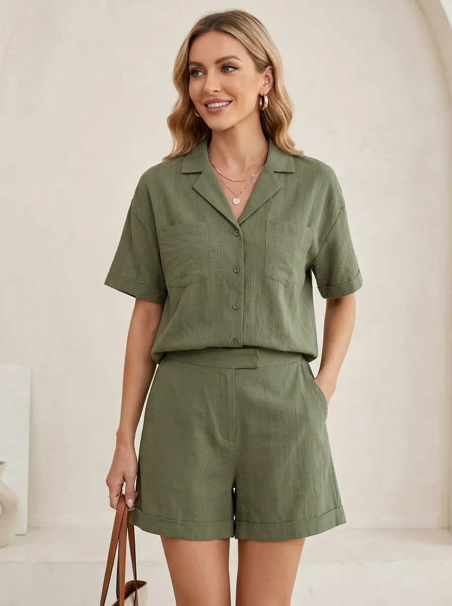 Textured Textured Button-Down Casual Matching Set