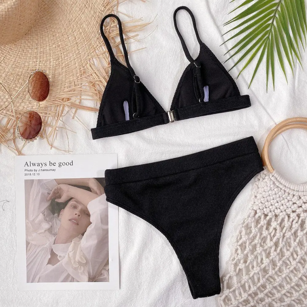 Spaghetti Strap Ribbed Bikini Set Accessory