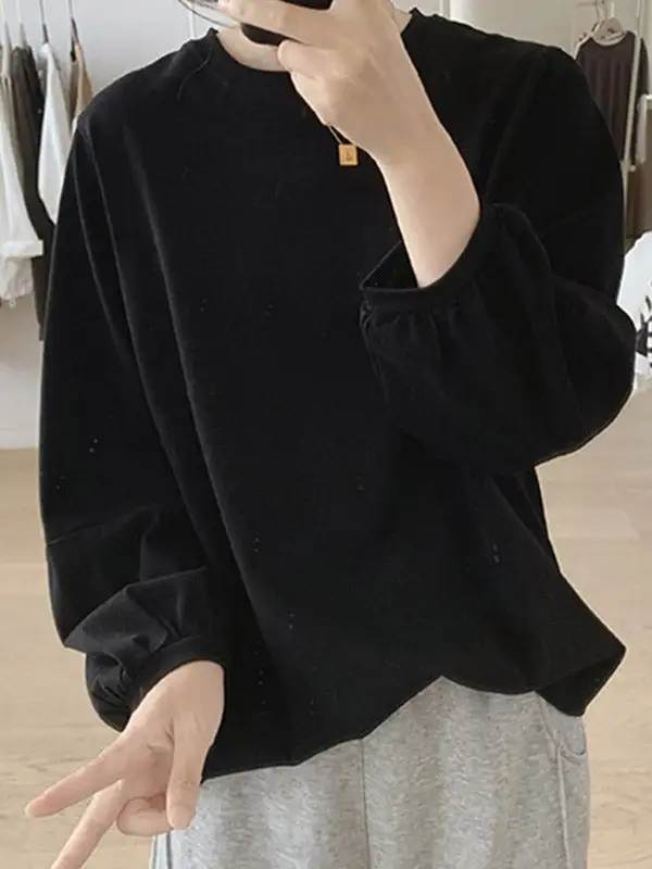 Long Sleeve Relaxed Pleat Detail Round Neck T-Shirt