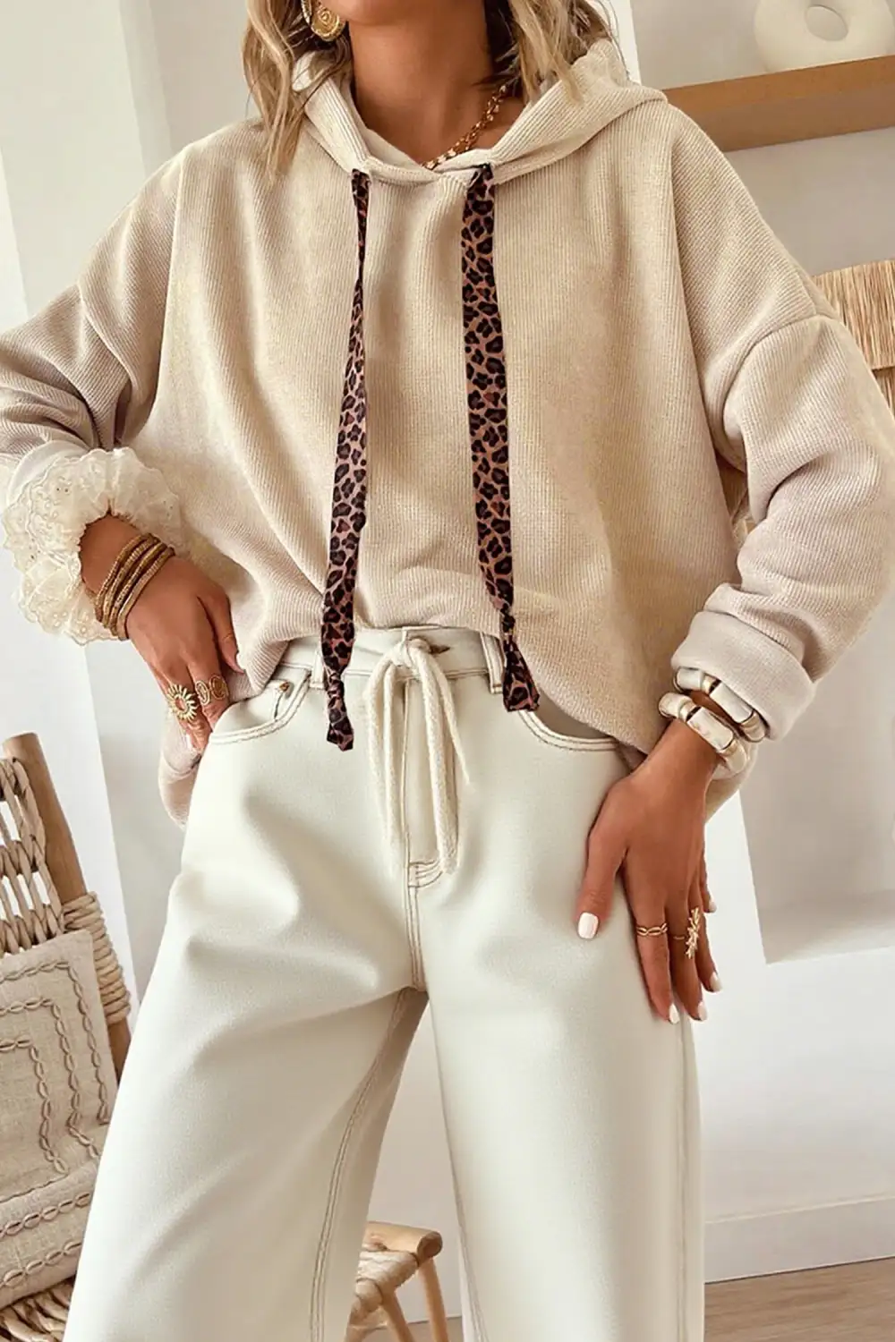 Relaxed Leopard Print Textured Hoodie