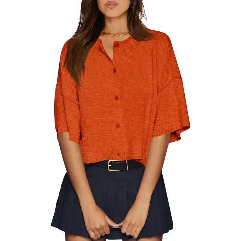 Womens Half Sleeve Cardigan Sweaters Cropped Button Down Tops Oversized Lightweight Ribbed Knit Summer Outfits