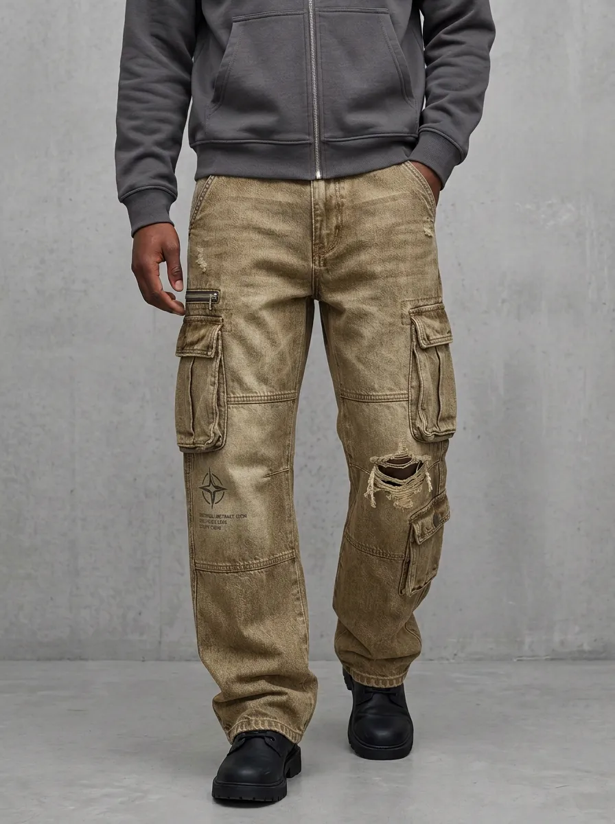 Men's Vintage Distressed Compass Print Denim Cargo Pants