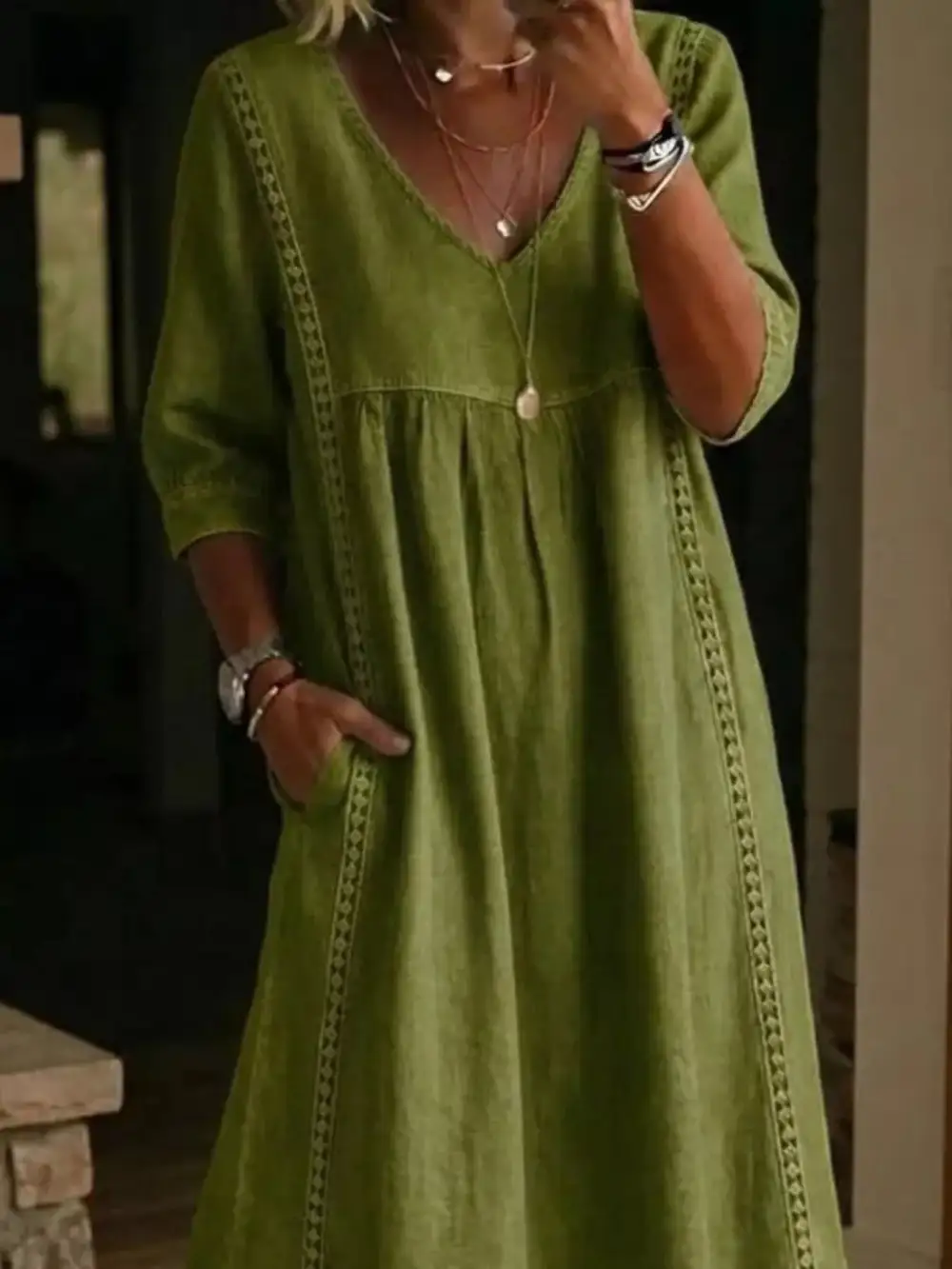 V-Neck Three Quarter Sleeve Pocketed Midi Dress