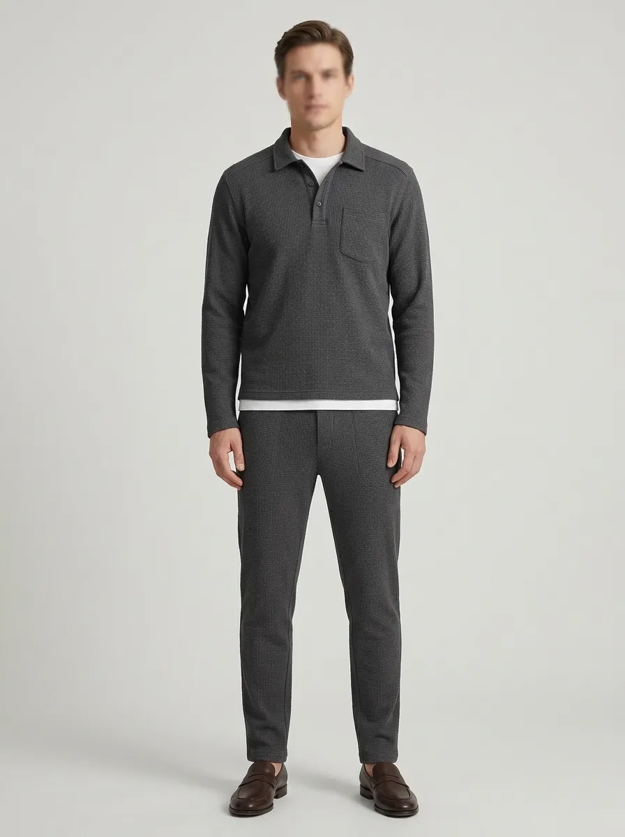 Men's Relaxed Textured Polo Collar Jacket and Jogger Pants Set