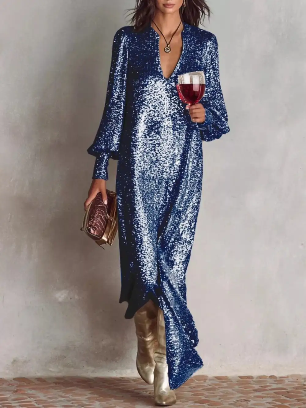 Sequin Lantern Sleeve Maxi Dress
