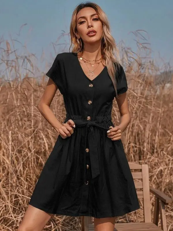 Women Solid Drawstring Waist Button Front Dress