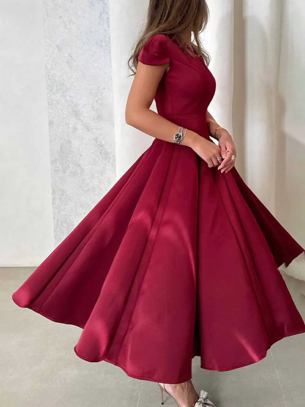 Elegant Pleated V Neck Waisted Flared Midi Dress