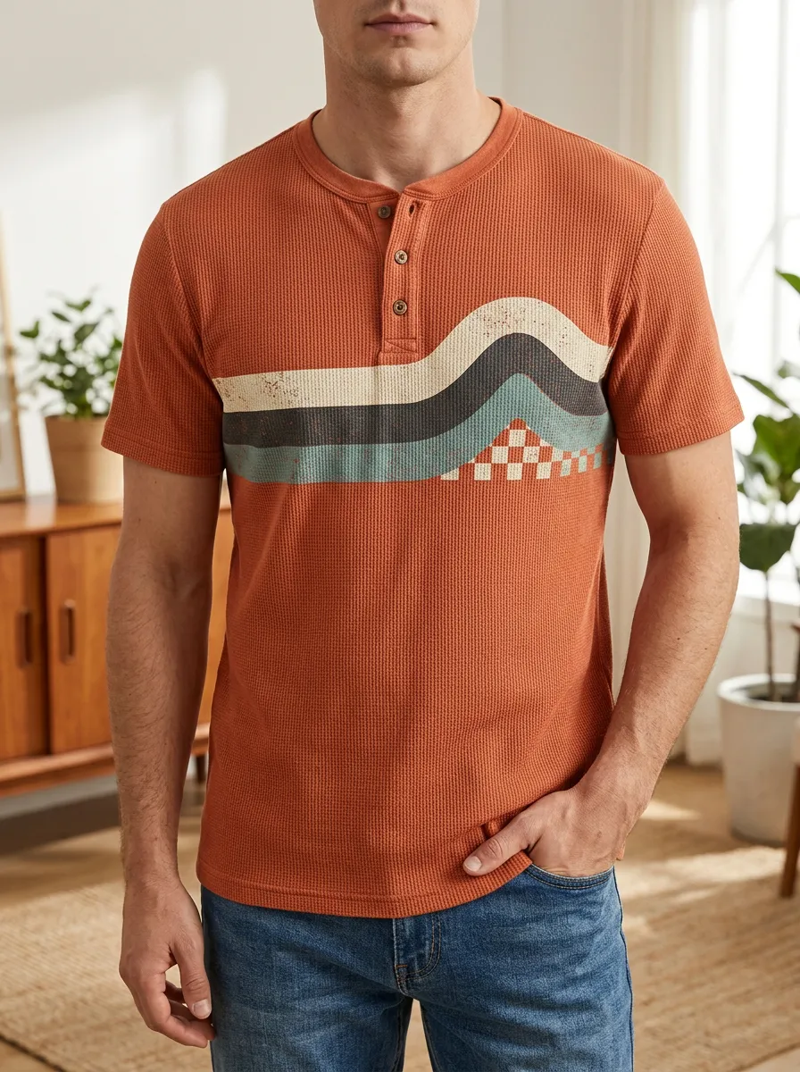 Men's Modern Retro Wavy Stripe Checkerboard Henley T-Shirt