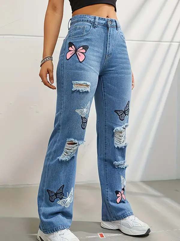 Butterfly Print Distressed Fringe Detail High Waist Seamed Jeans