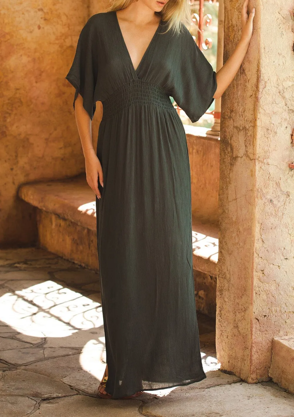 Side Slit V-Neck Half Sleeve Dress