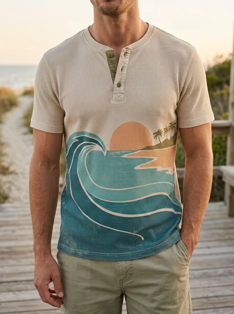 Men's Fresh Beach Lover Ocean Wave Sunset Henley T-Shirt