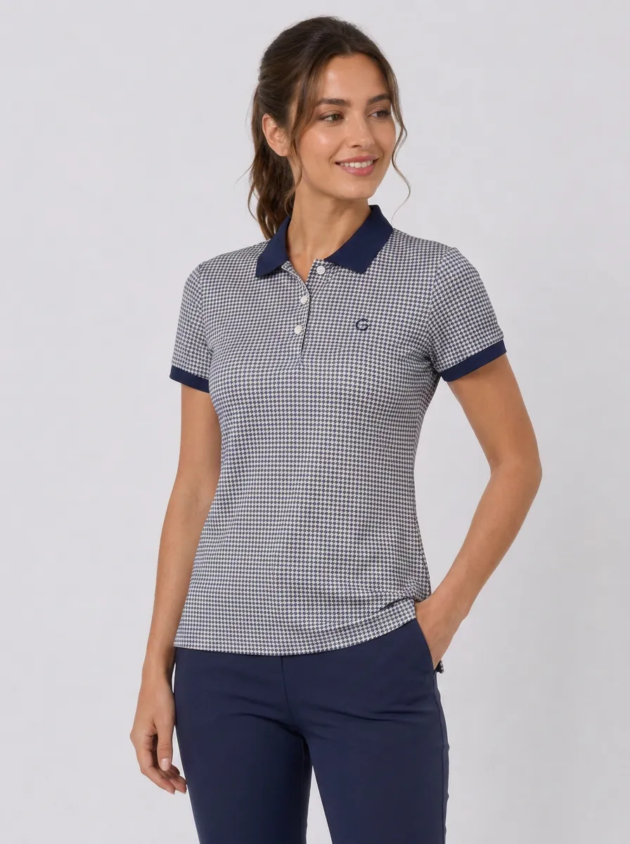 Women's Classic Houndstooth Pattern Printed Polo Shirt