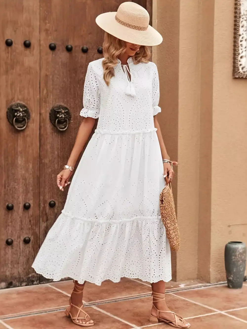 Eyelet Short Sleeve Midi Dress