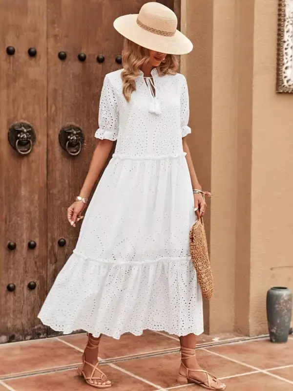Eyelet Short Sleeve Midi Dress