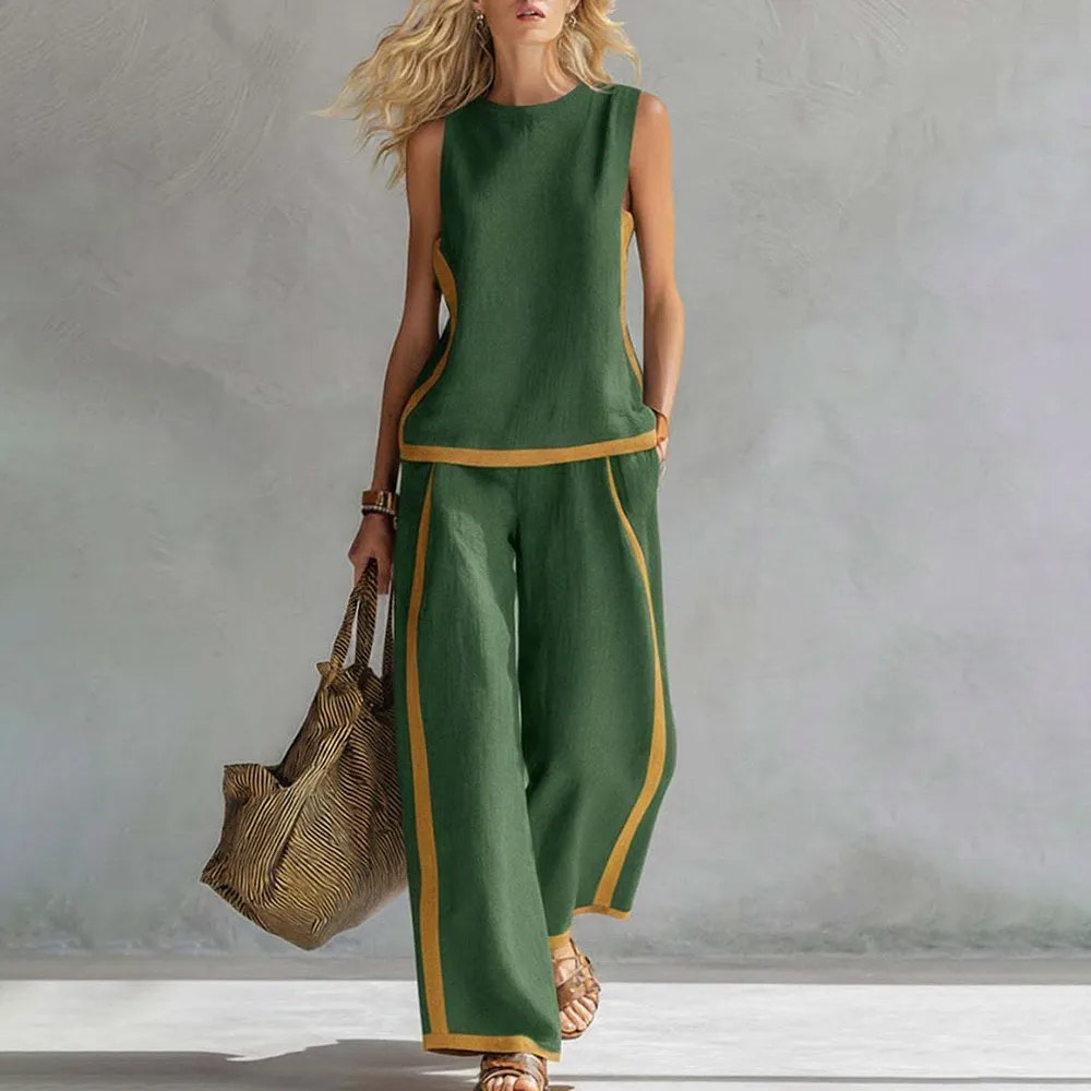 Linen Blend 2-Piece Set for Women Sleeveless Color Block Top Wide Leg Pants Set