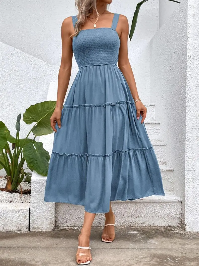 Women'S Frill Trim Ruffle Hem Shirred Backless Sundress Cami Dress, Sleeveless A Line Long Dress, Women'S Clothing For Summer Beach Holiday, Boho Clothes Women, Vintage Girly Clothes,
