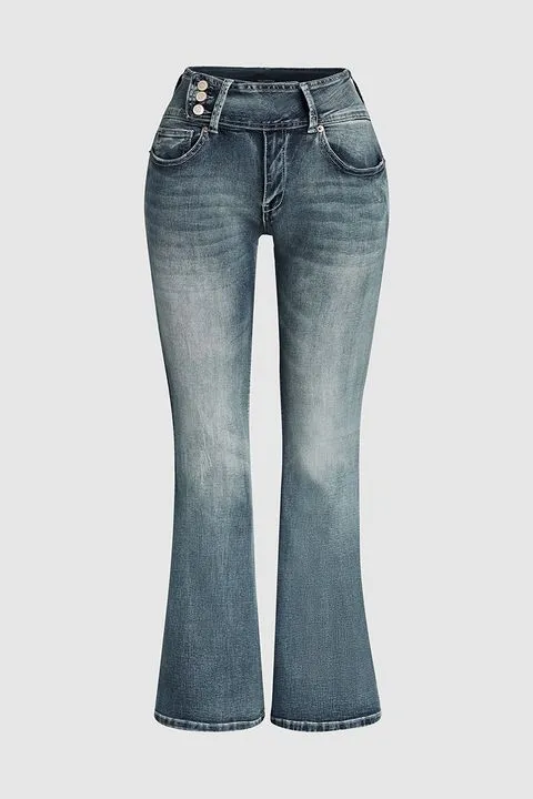 Vintage Button Side Design Mid Waist Flare Jeans