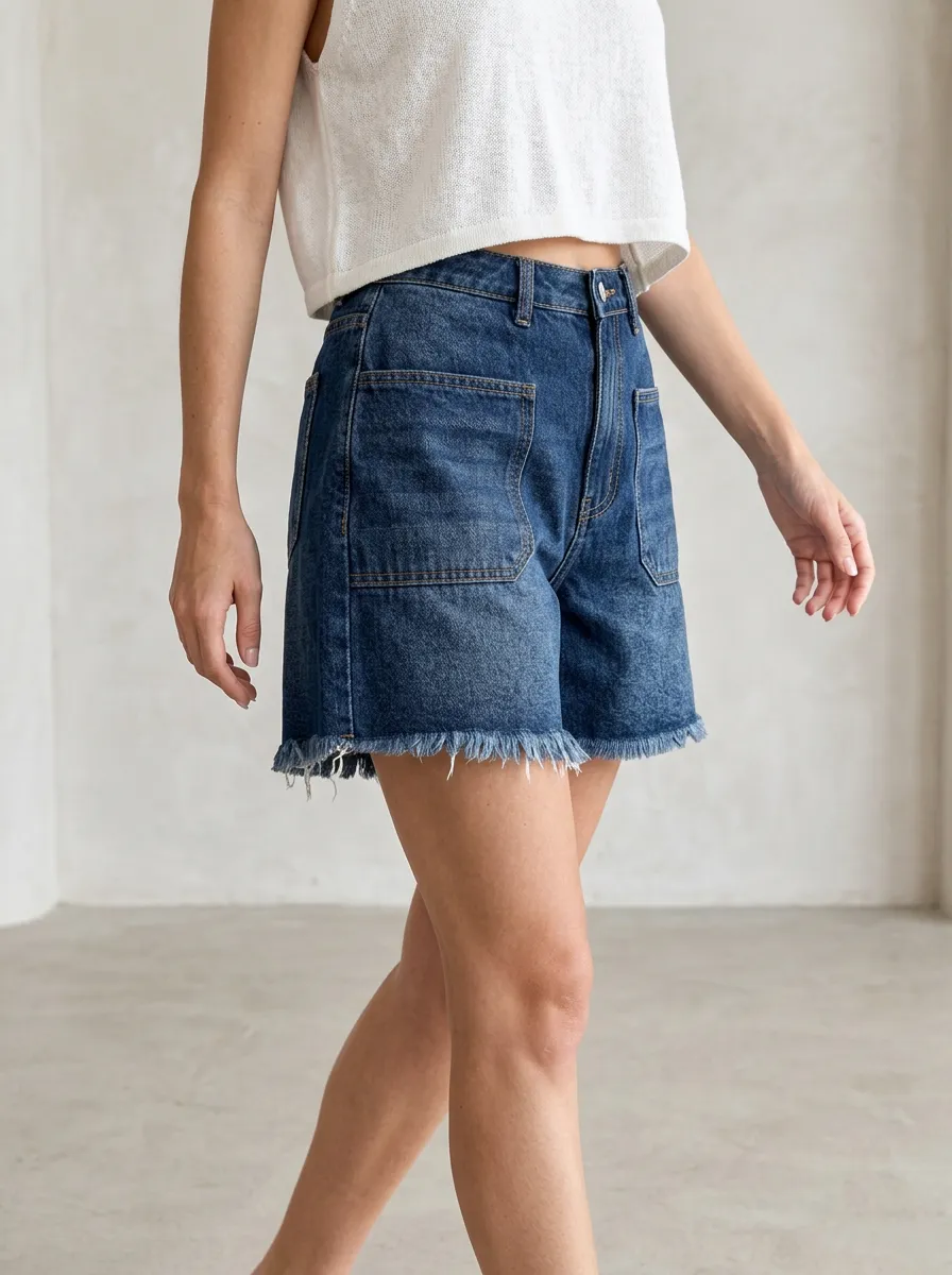 Women's High-Waisted Raw Hem Patch Pocket Denim Shorts