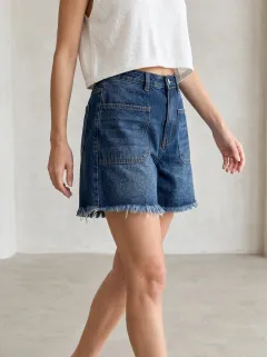 Women's High-Waisted Raw Hem Patch Pocket Denim Shorts