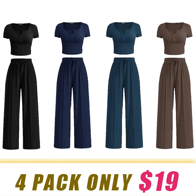 Women's two-piece summer ribbed knit button short-sleeve crop top and wide-leg pants