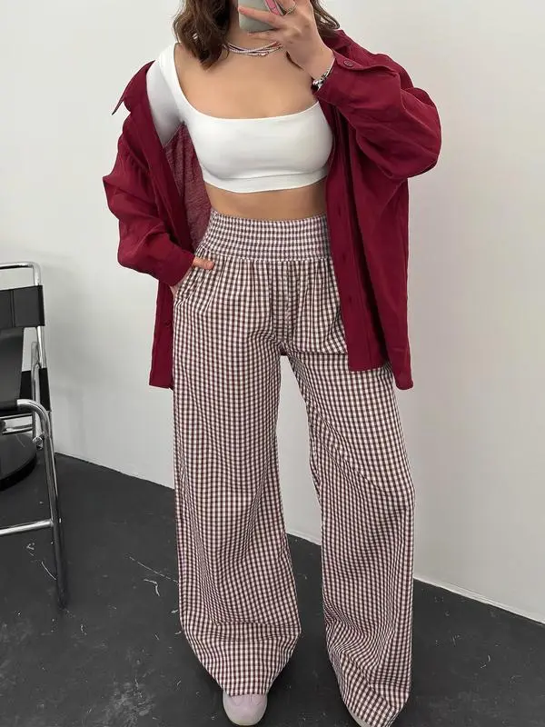 Women's High-Waisted Casual Striped And Checkered Wide-Leg Pants