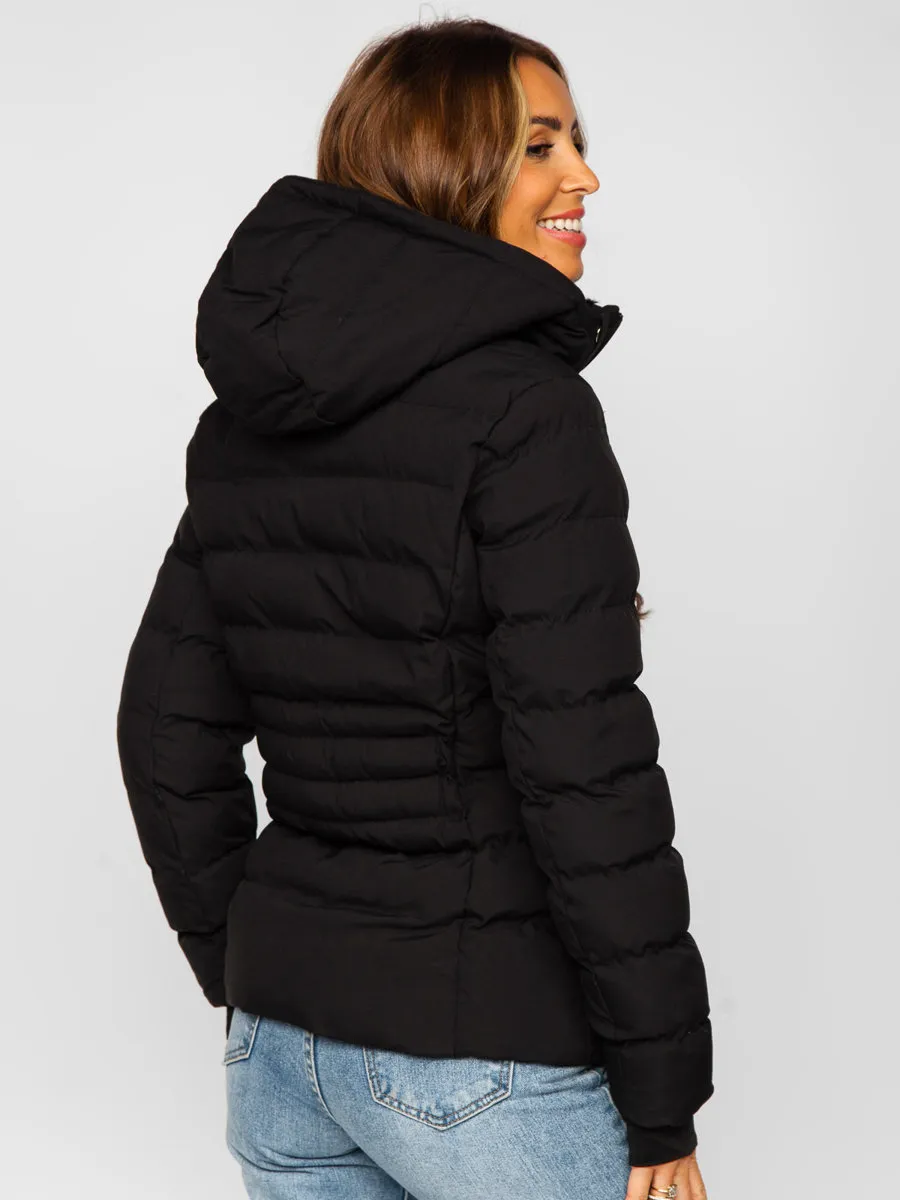 Black women's quilted winter jacket with hood