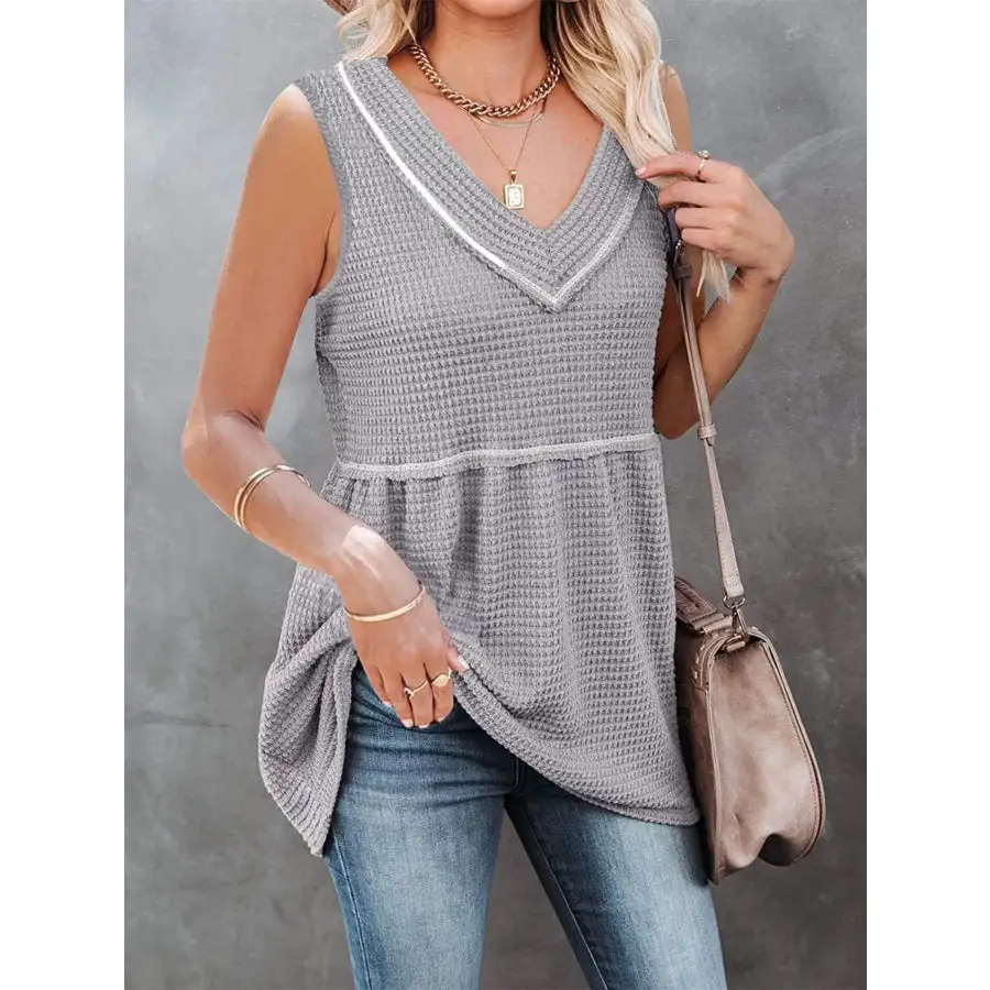V Neck Waffle Knit Tank Top With