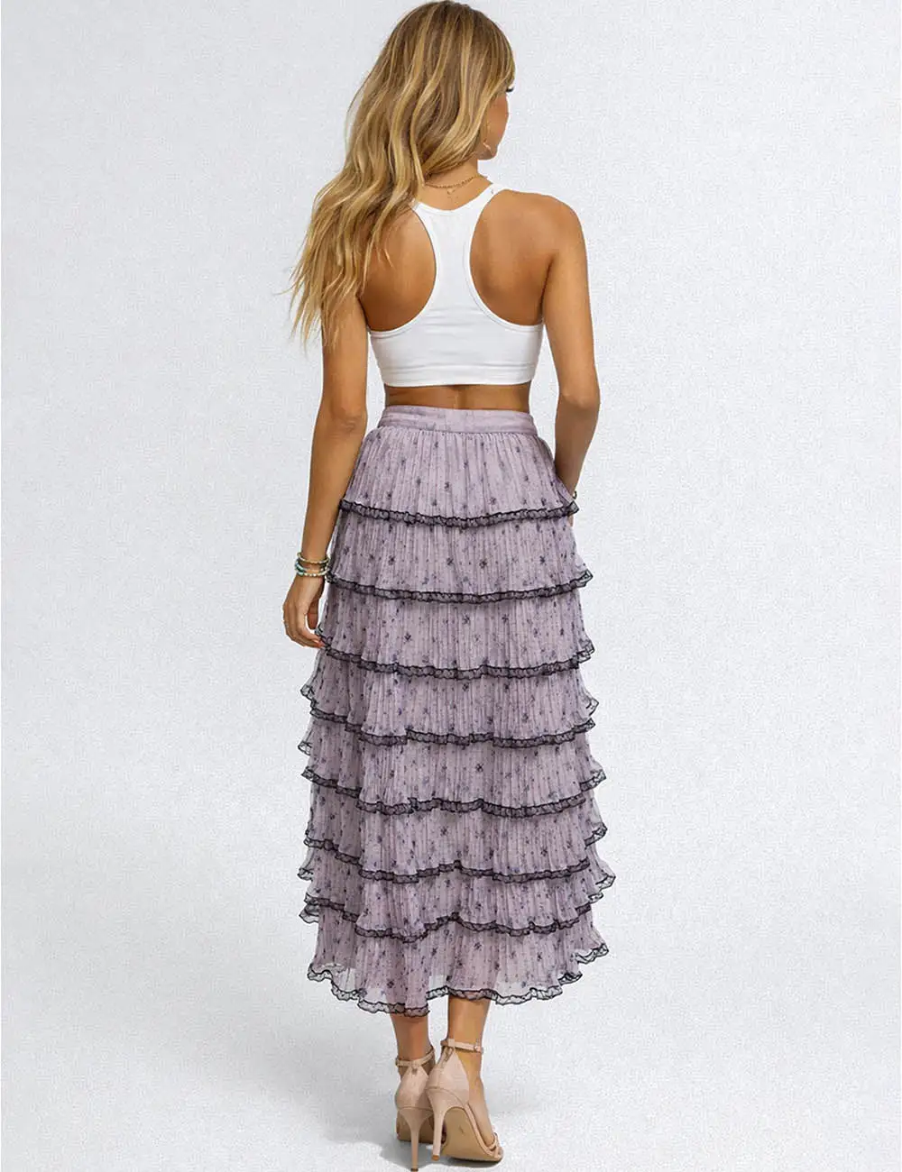 Color Block Tiered Ruffle Hem Mesh Maxi Skirt