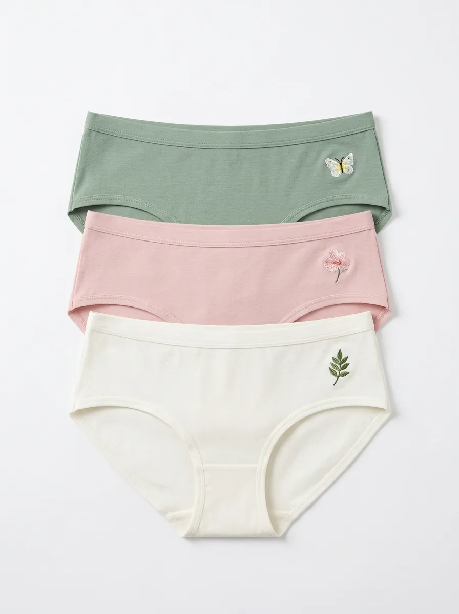 Women's Mid-Rise Side-Detail Butterfly Floral Leaf Embroidered Briefs Three Pack