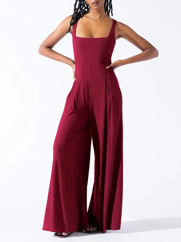 Losse Mouwloze Geplooide Effen Jumpsuits Met Spaghetti Hals