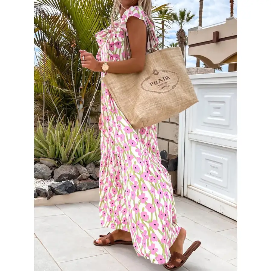 Ruffled Printed Cap Sleeve Midi Dress