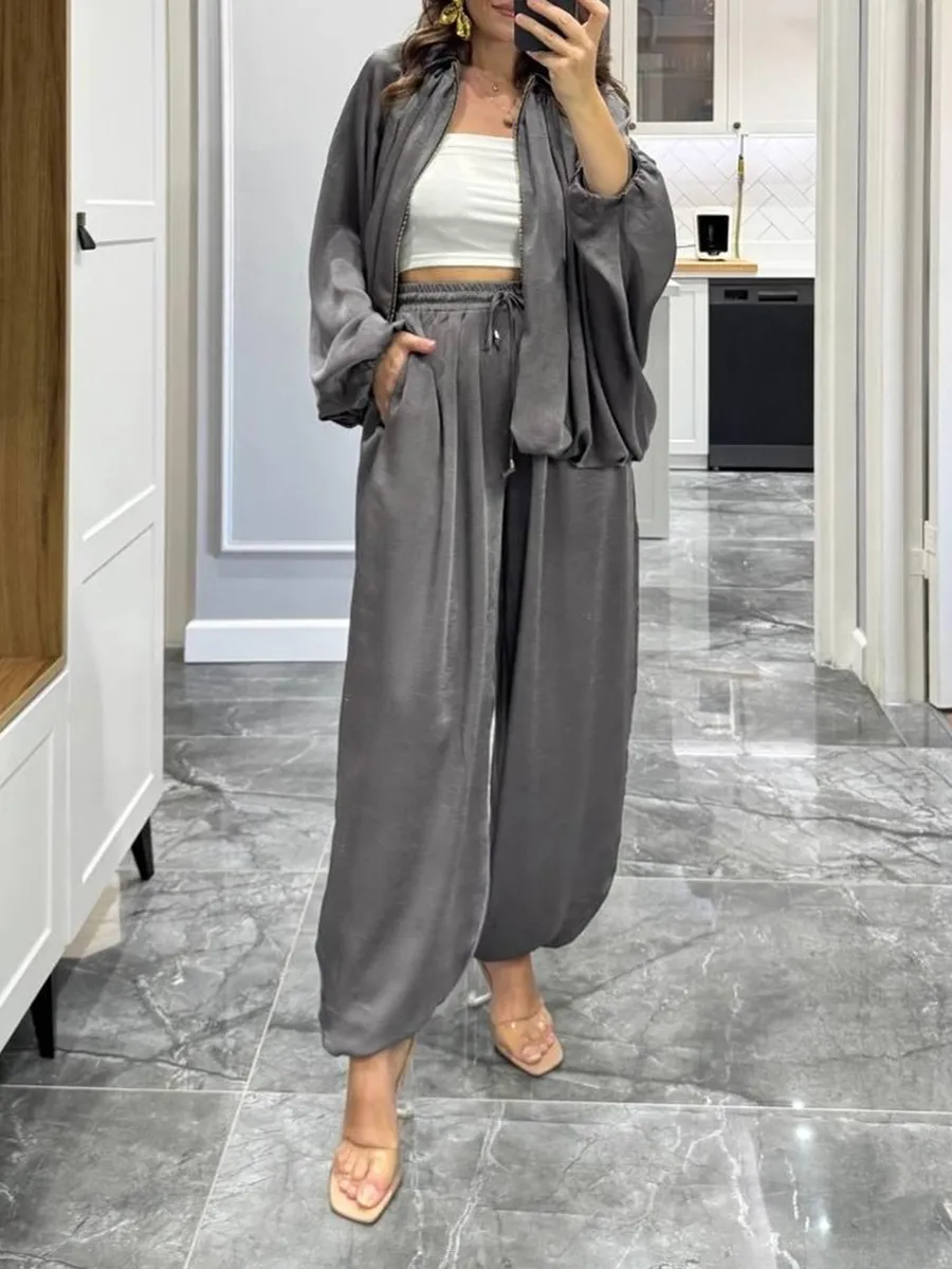 Women's solid color cross-section design casual zipper cardigan & pants set