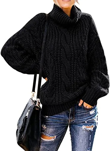 Women's 2025 Turtleneck Balloon Long Sleeve Casual Loose Chunky Cable Knit Pullover Sweater Outerwear