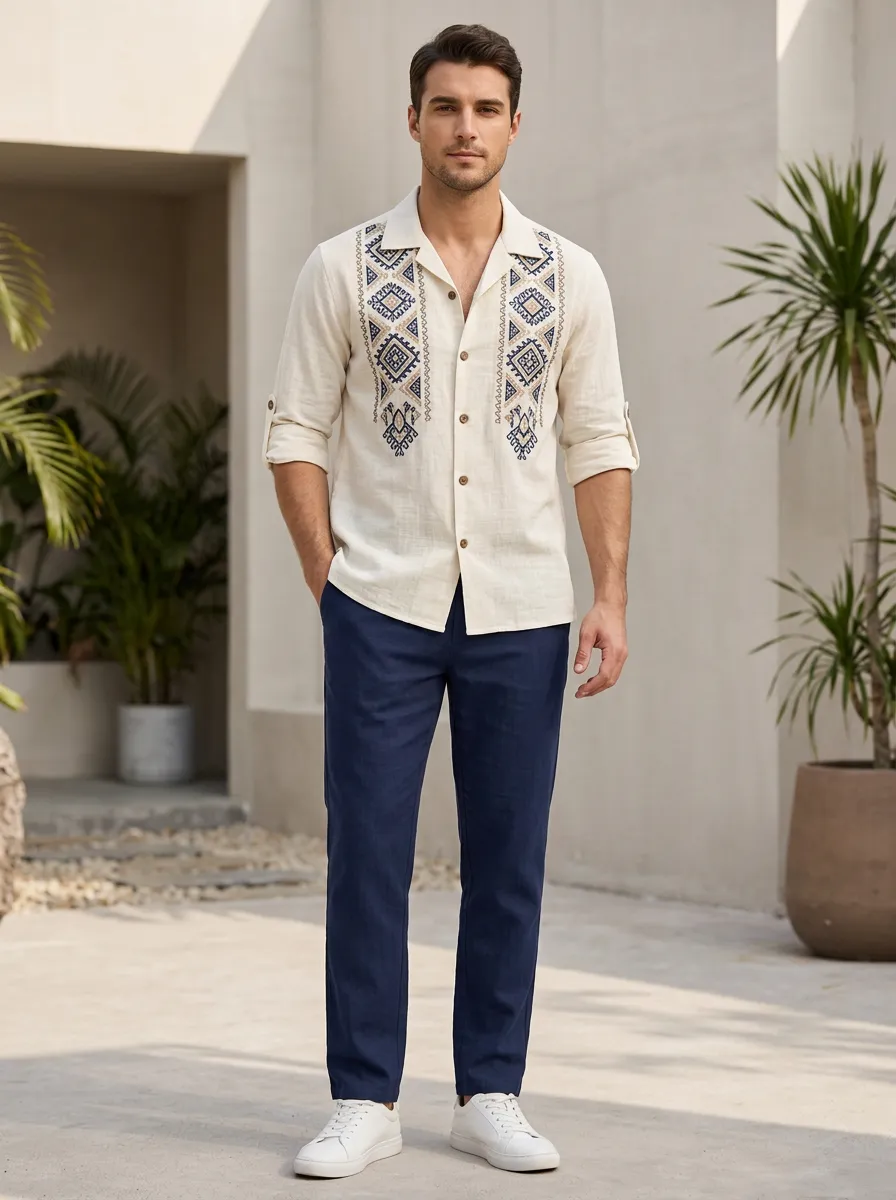Men's Refined Tribal Boho Printed Linen Shirt
