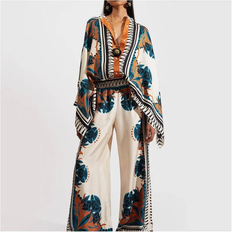 Printed Raglan Sleeve Top & Pants Set Two-piece Coord