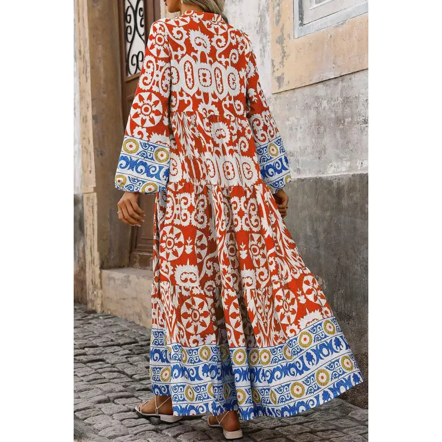 Printed Notched Long Sleeve Maxi Dress