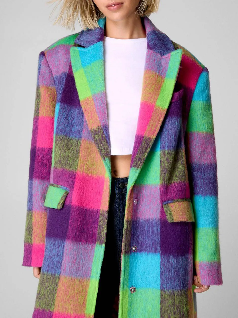 Women'S Contrast Plaid Fuzzy Long Coat