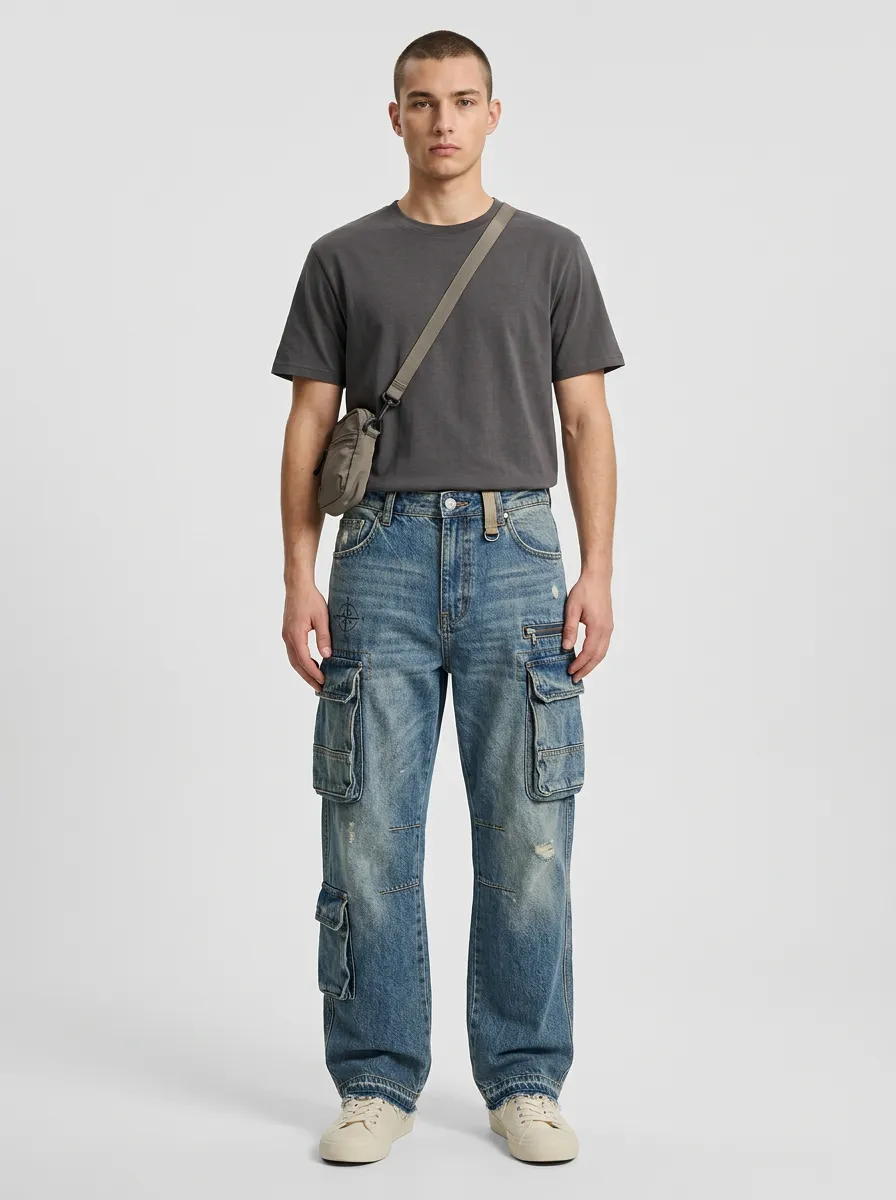 Men's Mid-Blue Compass Detail D-Ring Straight-Leg Denim Cargo Pants