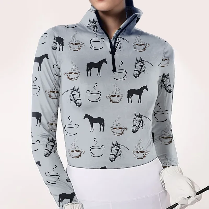 Women's Riding Style Horse&Coffee Print Long Sleeve Casual Shirt