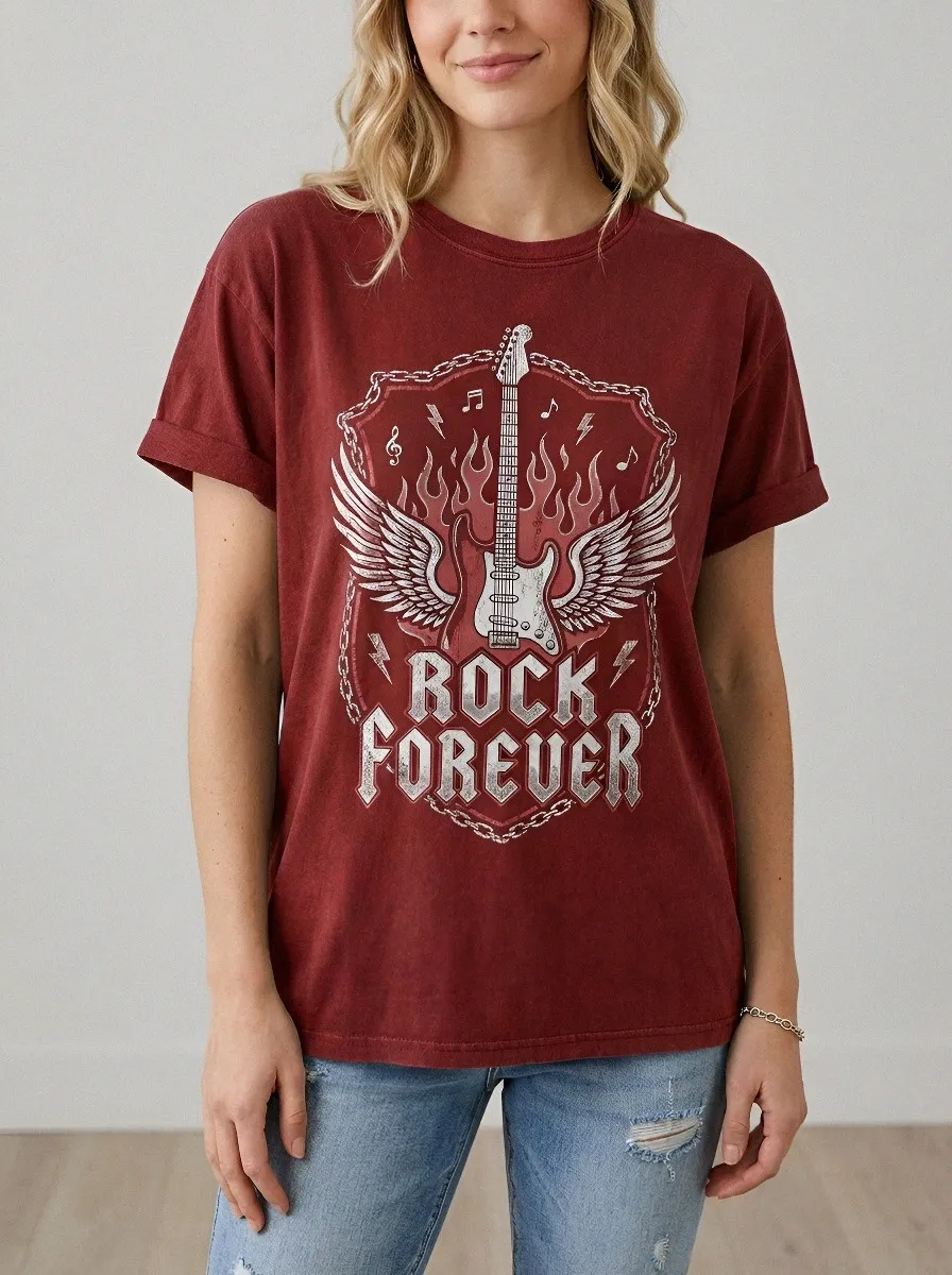 Women's Rock Music Lover Winged Guitar Flame Printed T-shirt