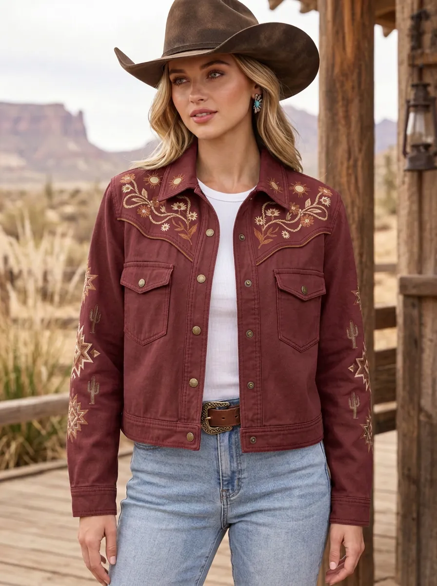 Women's Western Cowgirl Cactus Floral Embroidered Jacket