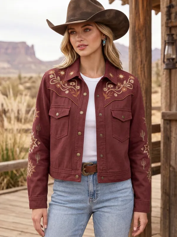 Women's Western Cowgirl Cactus Floral Embroidered Jacket