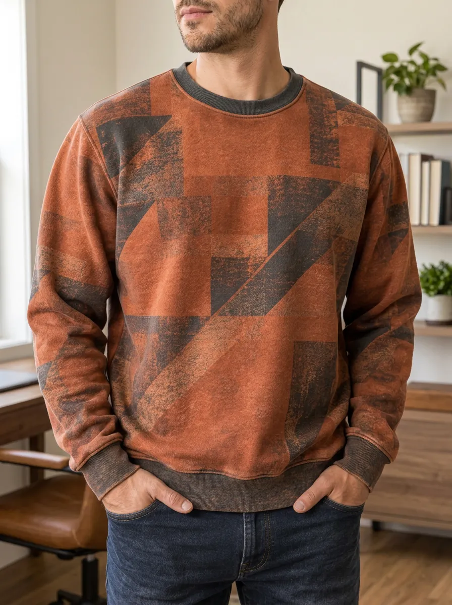 Men's Geometric Pattern Rust Orange Printed Fleece Sweatshirt