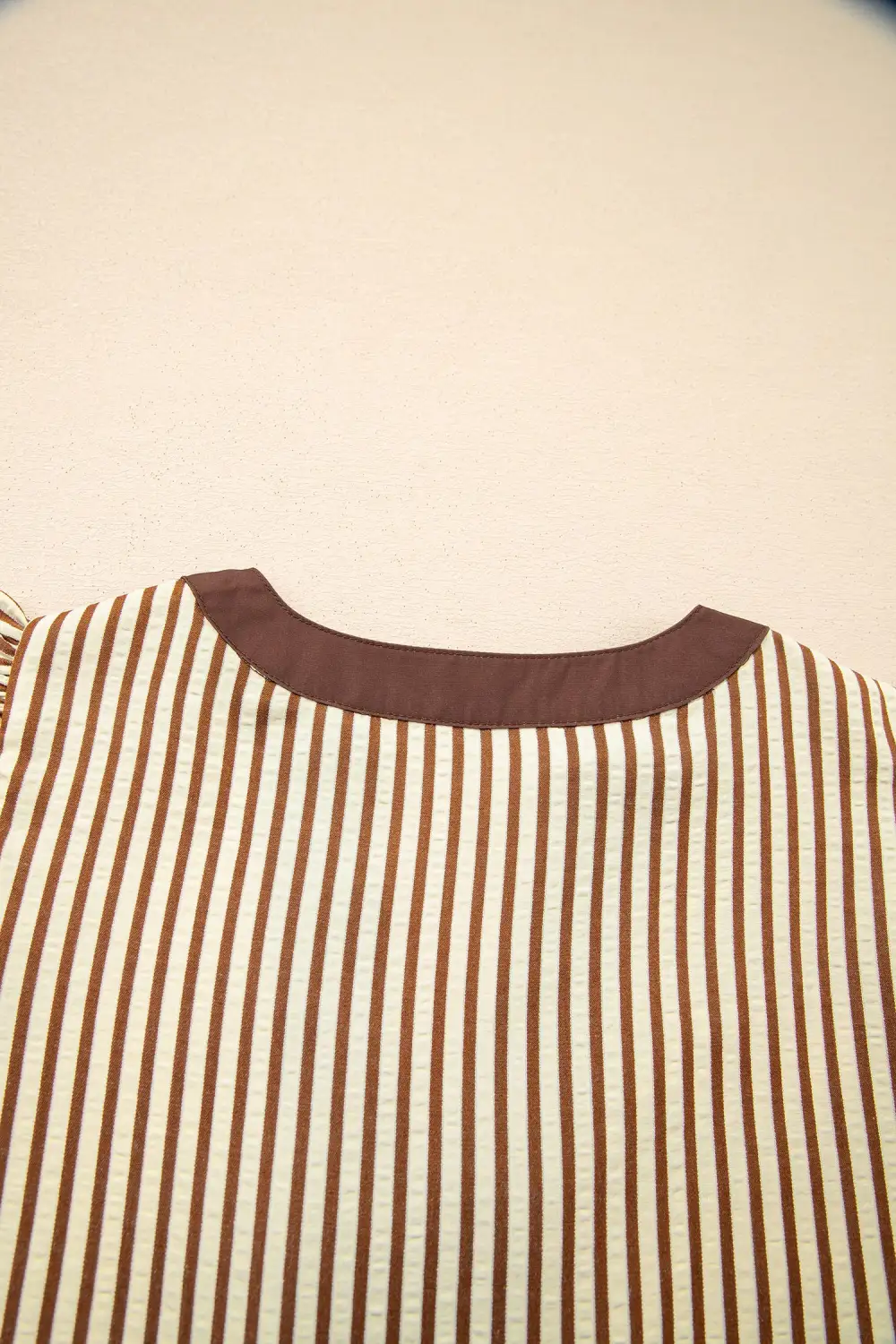 Lightweight Feel Striped V Neck Ruffle Midi Dress