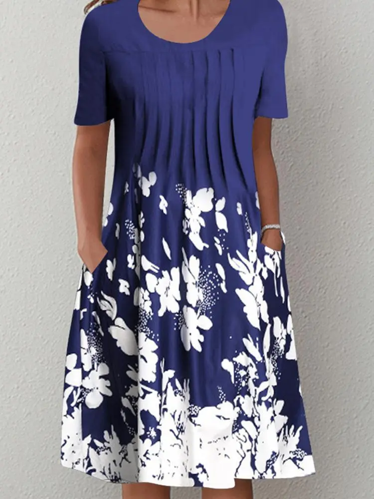 Casual Printed Floral Round Neck Short Sleeve Midi Dress