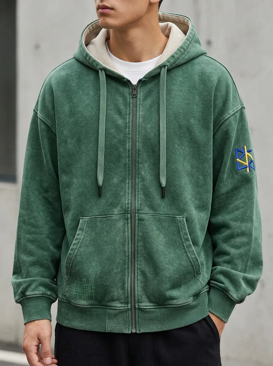Men's Streetwear Geometric Logo Acid Wash Printed Zip-up Hoodie