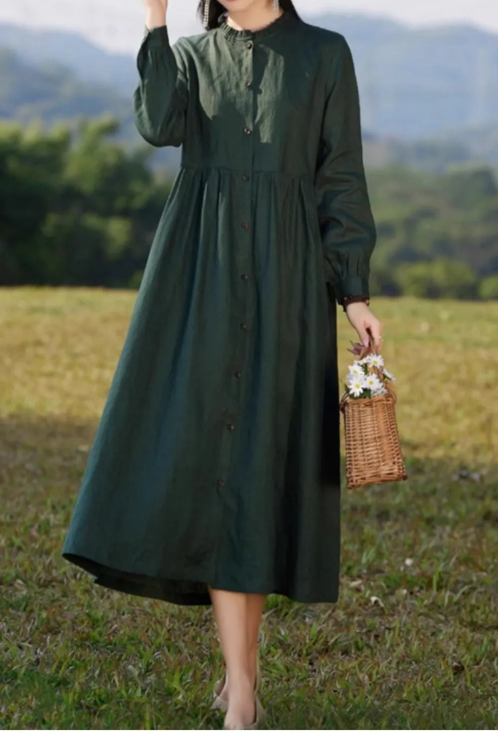 Linen Ruffle Ruffle Neck Long Sleeve Midi Dress