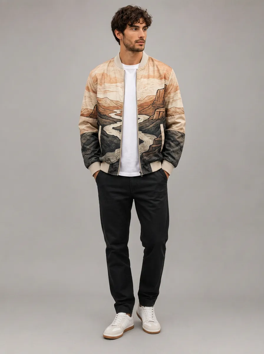 Men's Nature Lover Desert Landscape Printed Bomber Jacket