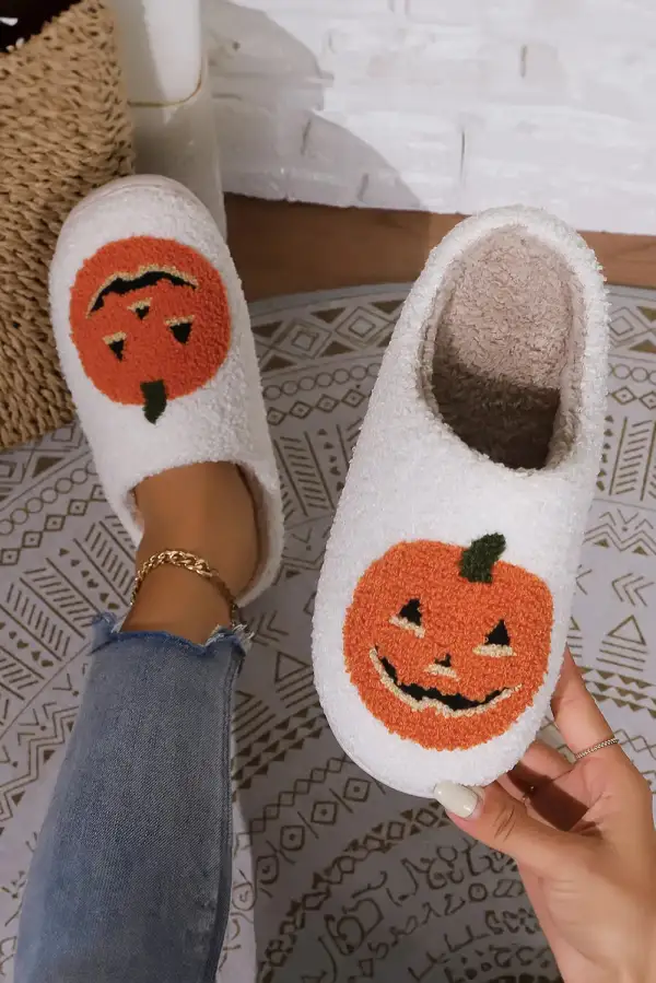 Pumpkin Print Plush House Slippers